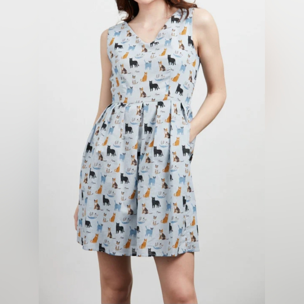 Chic Cat Print Sleeveless Dress
